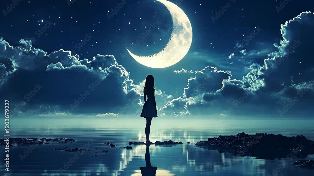 A girl stands on the water, looking at the crescent moon in the sky, in a fantasy world with a fantasy-style background, blue tones, and a dreamy atmosphere. A girl stands on the water, looking at the crescent moon in the sky, in a fantasy world with a fantasy-style background, blue tones, and a dreamy atmosphere.