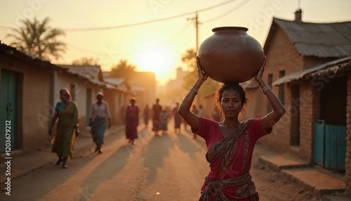 Rural Woman Carrying Clay Pot at Sunset in a Traditional Village