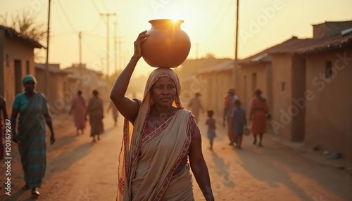Rural Woman Carrying Clay Pot at Sunset in a Traditional Village