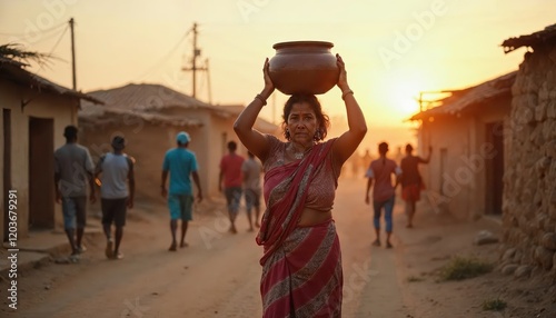 Rural Woman Carrying Clay Pot at Sunset in a Traditional Village