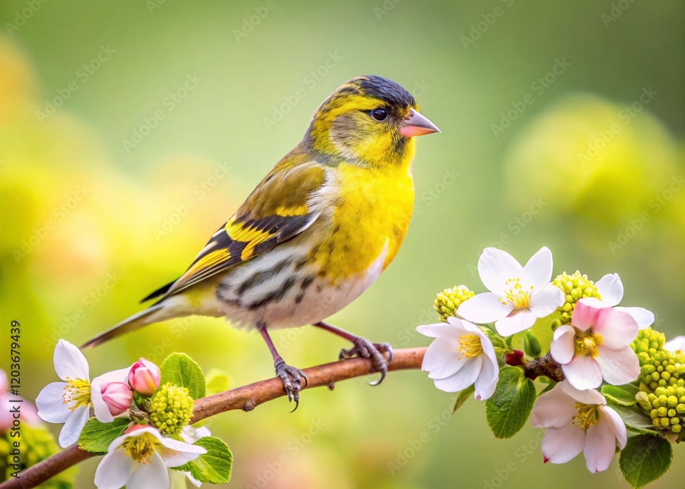 Eurasian Siskin on Blooming Apple Tree - Minimalist Spring Bird Photography Eurasian Siskin on Blooming Apple Tree - Minimalist Spring Bird Photography