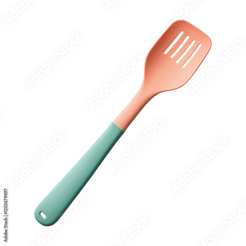 Silicone slotted spatula with teal handle and orange head, ideal for cooking and flipping food photo