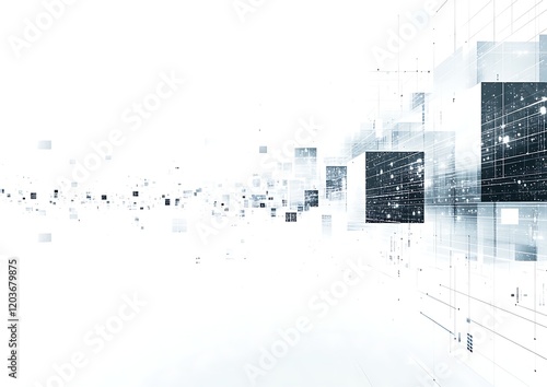 Abstract digital landscape with geometric shapes and luminous elements.