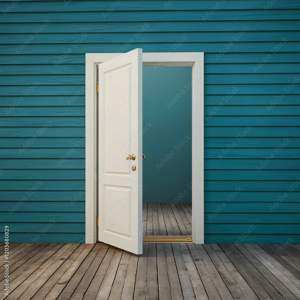 Fototapeta premium White Door Ajar on Teal Wood Siding Wall, Wooden Floor, Interior Design, Open Doorway, Modern Home Decor