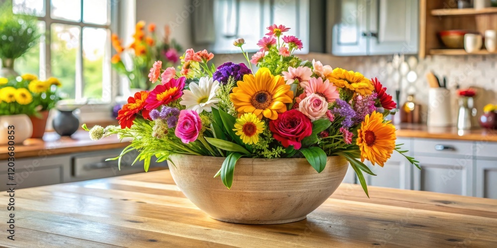 A mix of colorful flowers in a large ceramic planter on the kitchen table, red, pink, orange, kitchen table A mix of colorful flowers in a large ceramic planter on the kitchen table, red, pink, orange, kitchen table