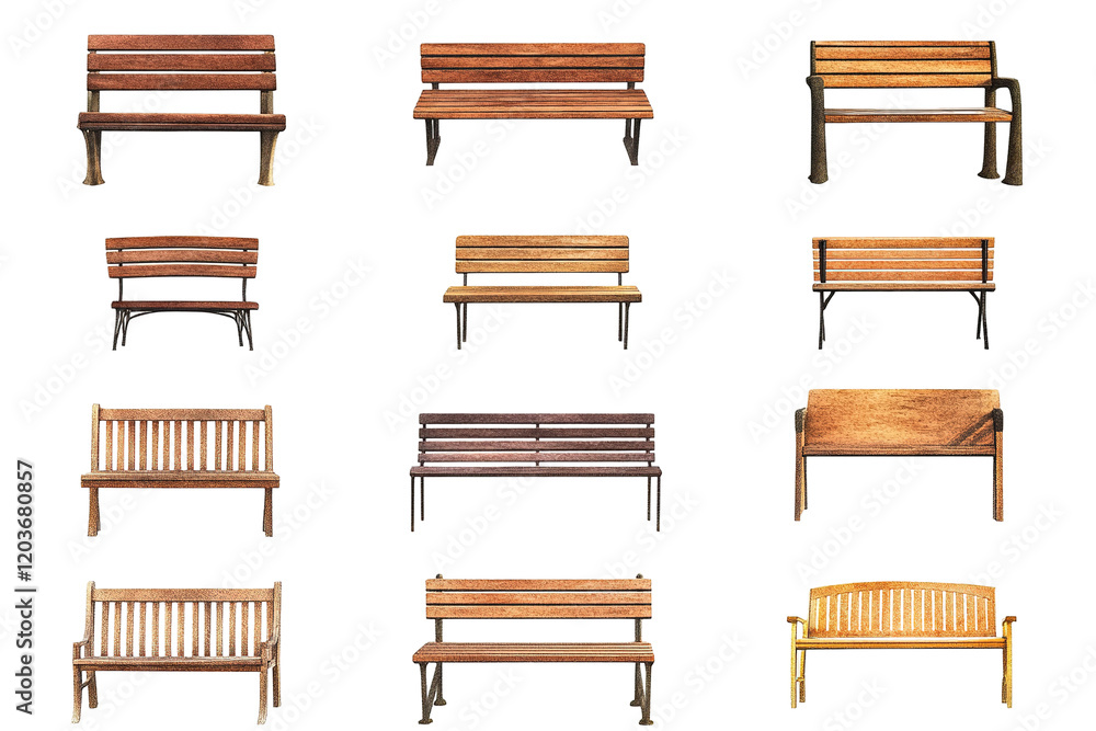 A collection of wooden benches in various styles and sizes. on transparent background.
A collection of wooden benches in various styles and sizes. on transparent background.