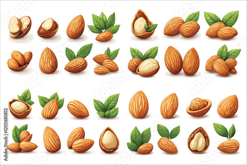 Set of colorful abstract almond elements, Fresh almond natural foods icons vector, Set of organic almond vector, Abstract almond icon set, Healthy and fresh almonds vector illustrations