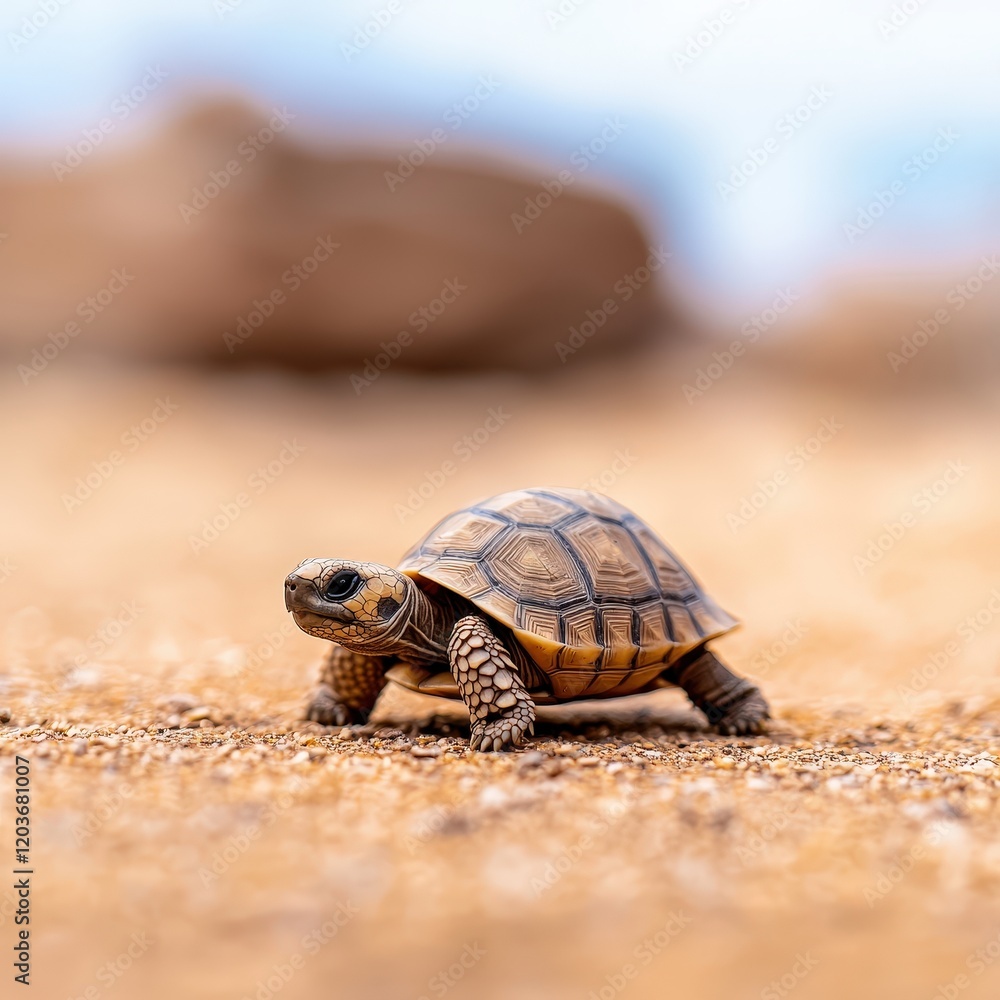 Small turtle walking across sandy beach under bright sunlight and clear blue sky in natural habitat Small turtle walking across sandy beach under bright sunlight and clear blue sky in natural habitat