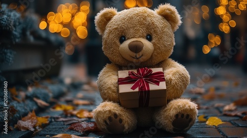 Adorable plush teddy bear holding a gift box with a red ribbon amidst a beautifully lit autumn background, perfect for conveying warmth and affection