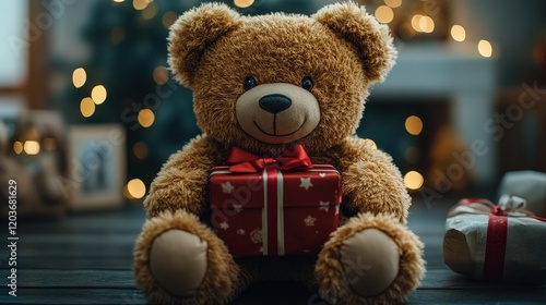 Adorable Plush Teddy Bear Holding a Gift Box Surrounded by Warm Holiday Lights in a Cozy Atmosphere for Cute Gift Ideas