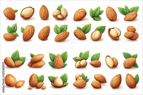 Set of colorful abstract almond elements, Fresh almond natural foods icons vector, Set of organic almond vector, Abstract almond icon set, Healthy and fresh almonds vector illustrations