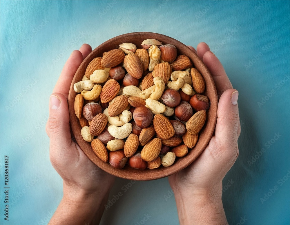 hands holding bowl of mixed nuts, ceramic bowl with super foods nut hands holding bowl of mixed nuts, ceramic bowl with super foods nut