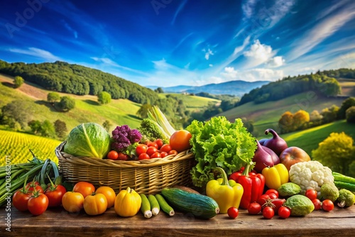 Farm Fresh Produce Against Rolling Hills - Vibrant Summer Harvest Stock Photo