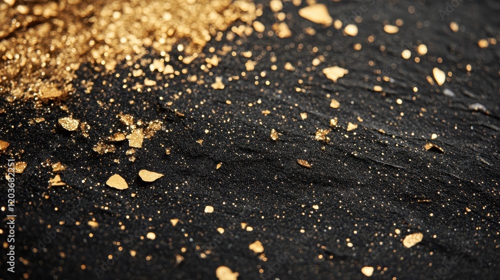 Textured Black Surface with Golden Glitter Abstract, High Contrast Background. Textured Black Surface with Golden Glitter Abstract, High Contrast Background.