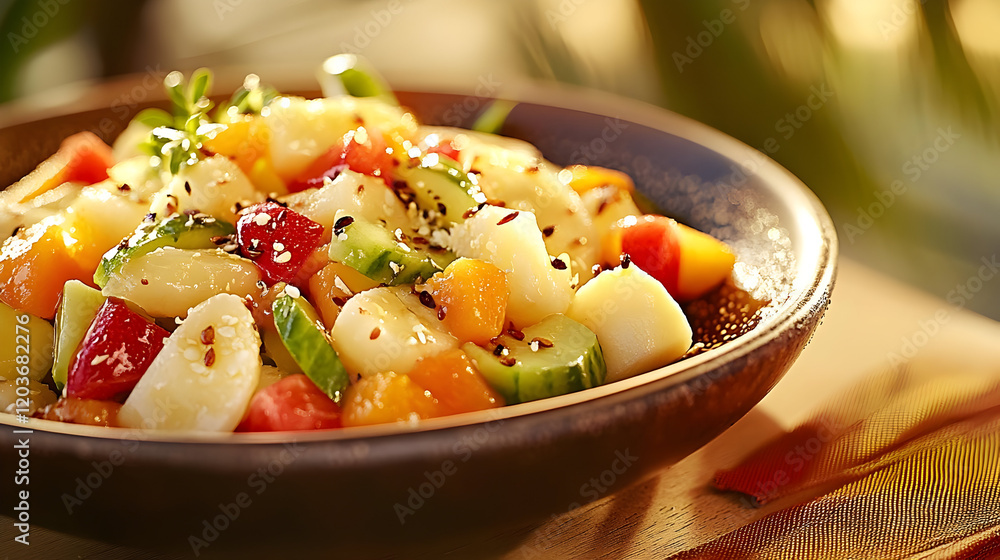 A vibrant fruit salad featuring a mix of colorful diced fruits in a bowl. A vibrant fruit salad featuring a mix of colorful diced fruits in a bowl.