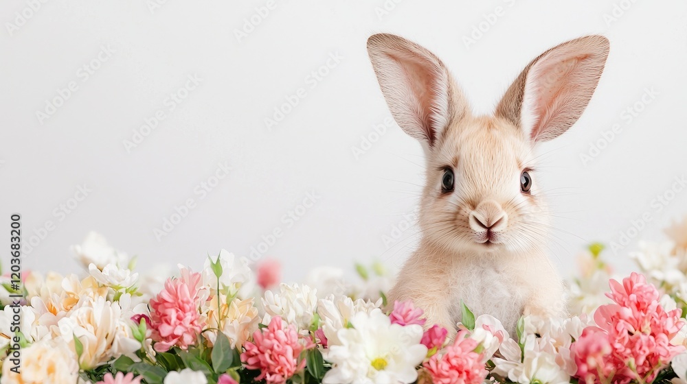 Cute Bunny Sitting in a Colorful Flower Garden Cute Bunny Sitting in a Colorful Flower Garden