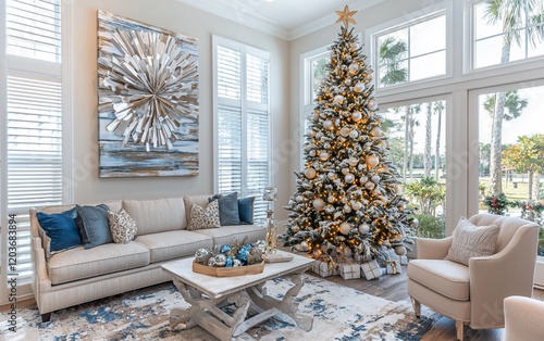 Elegant living room with Christmas tree, sofa, and large windows.