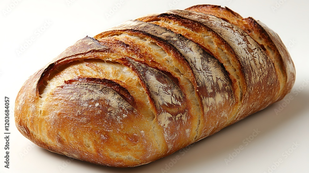 Artisan Sourdough Loaf: A rustic, golden-brown sourdough loaf, freshly baked with a beautifully scored crust and airy interior, ready to be sliced and enjoyed.  