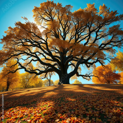 A carpet of golden yellow red and orange leaves covering the ground beneath a massive oak tree in an autumn park on a brisk day, natural scenery, leaf litter. photo