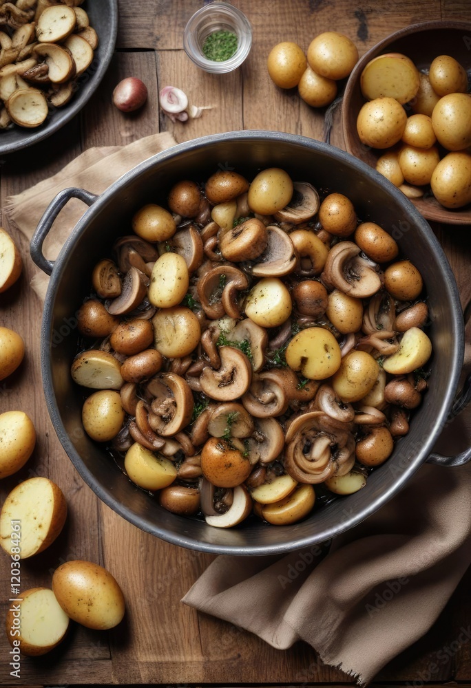 A bowl of sautéed mushrooms, potatoes, and onions in a rustic metal bowl on a wooden table, potato, kitchenware, vegetable dish A bowl of sautéed mushrooms, potatoes, and onions in a rustic metal bowl on a wooden table, potato, kitchenware, vegetable dish