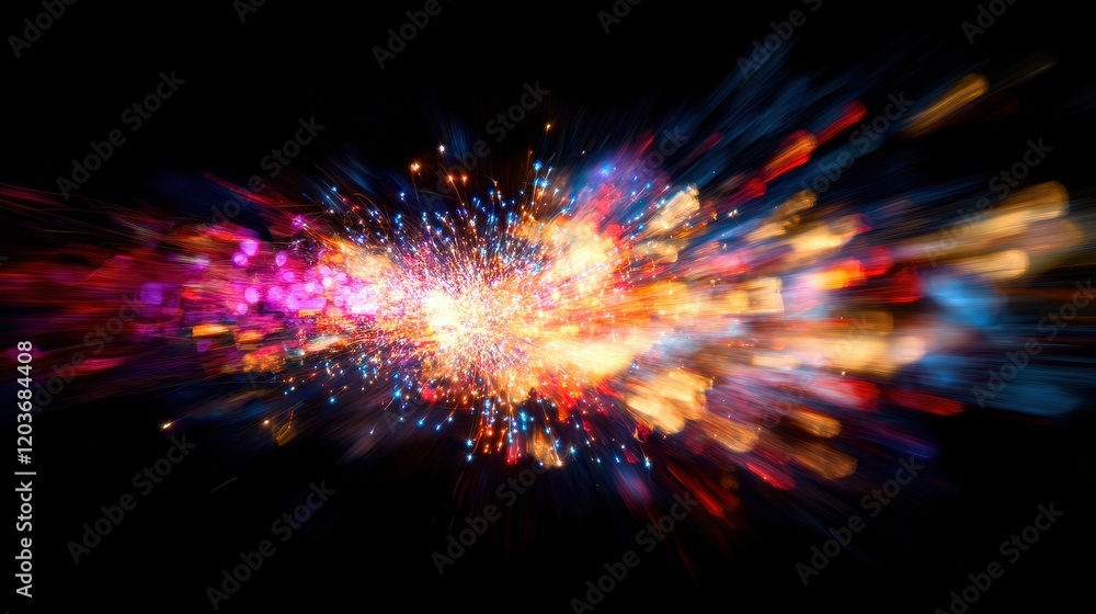 Abstract Explosive Burst of Light Vibrant Swirls and Streaks of Color on Black Background. Abstract Explosive Burst of Light Vibrant Swirls and Streaks of Color on Black Background.