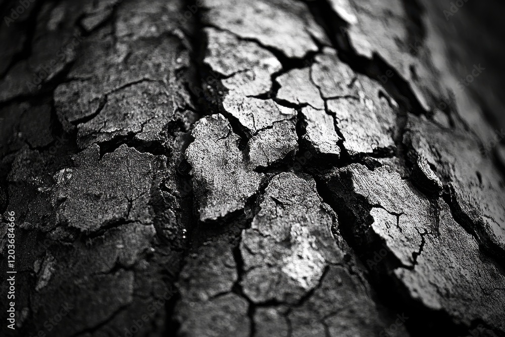 Fototapeta premium Black and White Close-up of Rough Textured Tree Bark with Cracks and Furrows.