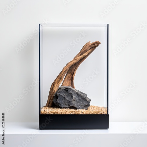 Large rock displayed in a glass case for educational or decorative purposes in a museum or gallery setting photo