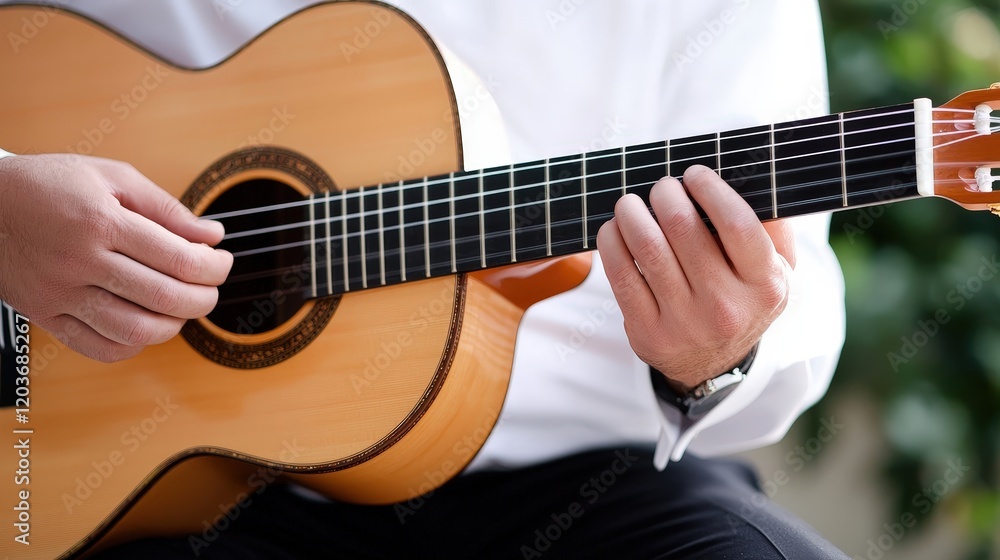 Fototapeta premium Man playing acoustic guitar in a cozy room with warm lighting and wooden decor
