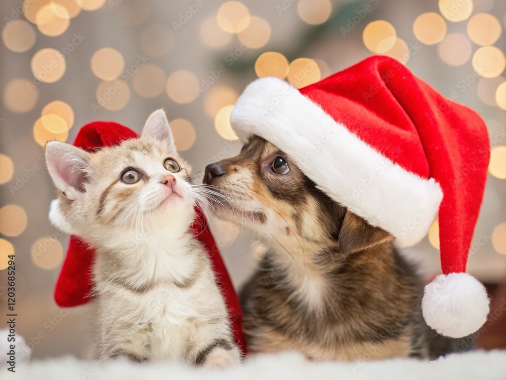 Festive Friends: Adorable Cat and Dog in Santa Hat, Bokeh Background Festive Friends: Adorable Cat and Dog in Santa Hat, Bokeh Background