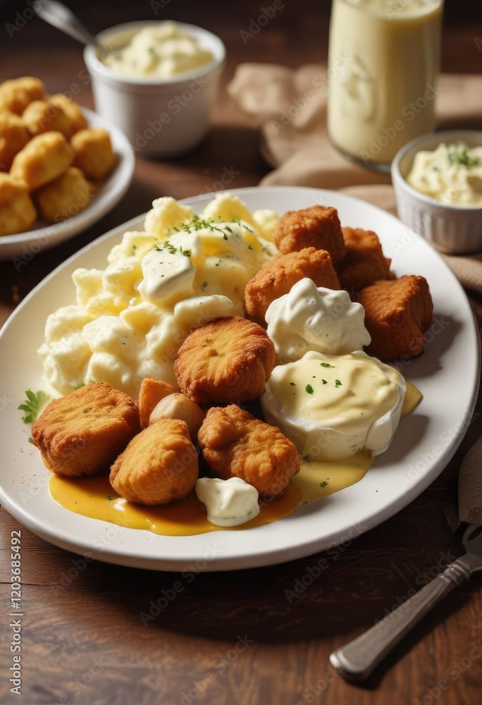 A plate of juicy nuggets served with a generous helping of mashed potatoes topped with a dollop of creamy mayonnaise , breakfast, potatoes A plate of juicy nuggets served with a generous helping of mashed potatoes topped with a dollop of creamy mayonnaise , breakfast, potatoes