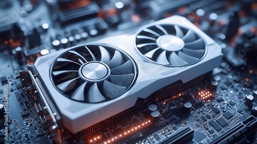 Modern white computer GPU cooling fans showcase detailed graphics card components with clean technology aesthetic, metallic finish, and precise mechanical details in premium gaming hardware. photo