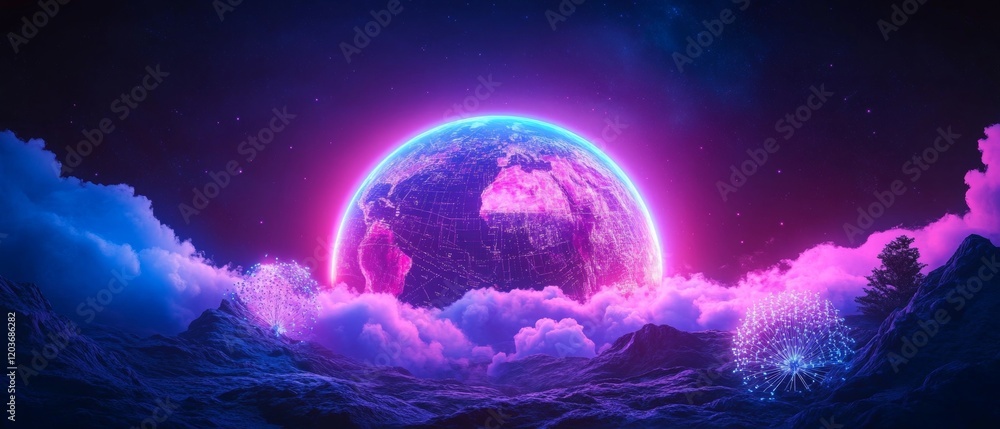 Futuristic earth visualization with neon terrain and clouds for technology design concepts Futuristic earth visualization with neon terrain and clouds for technology design concepts