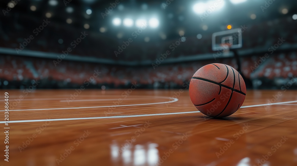 Dynamic Basketball Scene with Vibrant Orange Ball and Gleaming Court Dynamic Basketball Scene with Vibrant Orange Ball and Gleaming Court