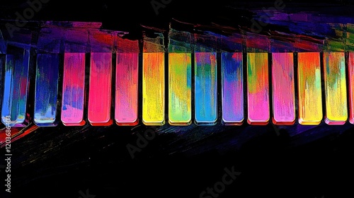 A close-up view of piano keys with each white key painted in a different bright color photo