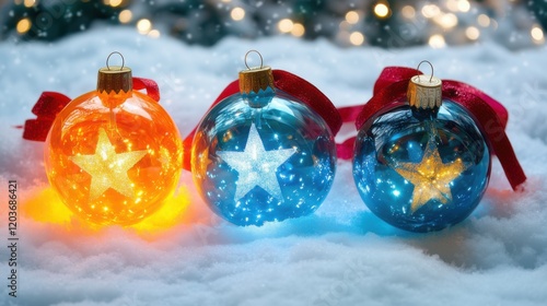 Decorative holiday ornaments glowing in vibrant colors on a snowy background with soft lights
