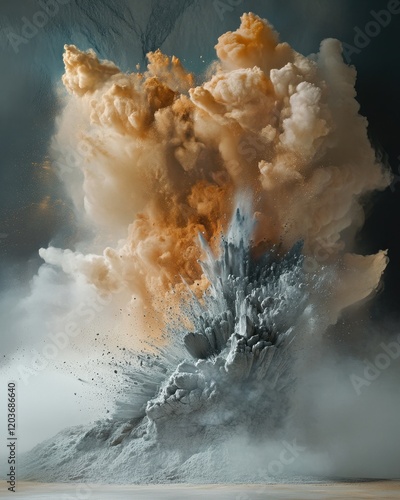 Powerful Dust Explosion with Jagged Rock Formation and Billowing Clouds of Orange and White photo