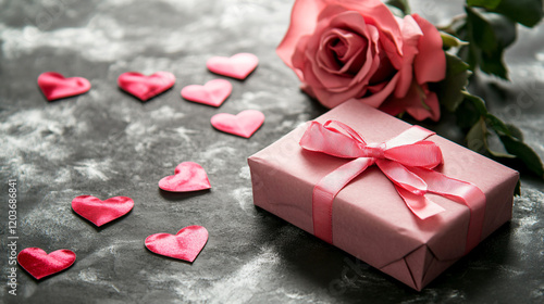 A charming pink gift box with a heart-shaped ribbon and rose decoration, placed on a soft gray background, creating the perfect setting for a Valentine's Day celebration. The delicate rose flower besi photo