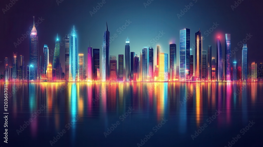 Neon Cityscape Reflecting In Calm Water At Night Neon Cityscape Reflecting In Calm Water At Night