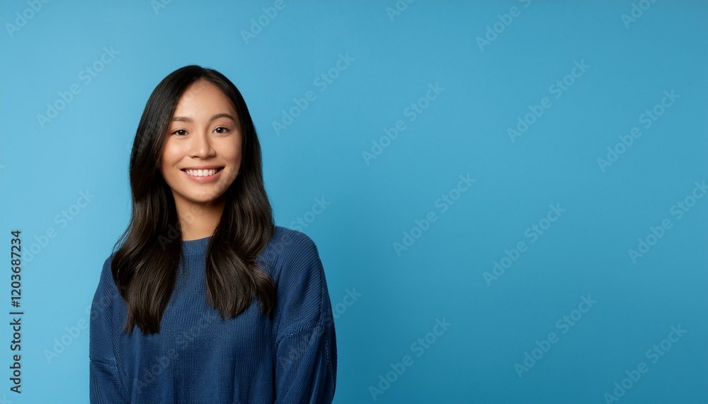 笑顔の女性 - シンプルなブルーバックグラウンドでのポートレート 笑顔の女性 - シンプルなブルーバックグラウンドでのポートレート