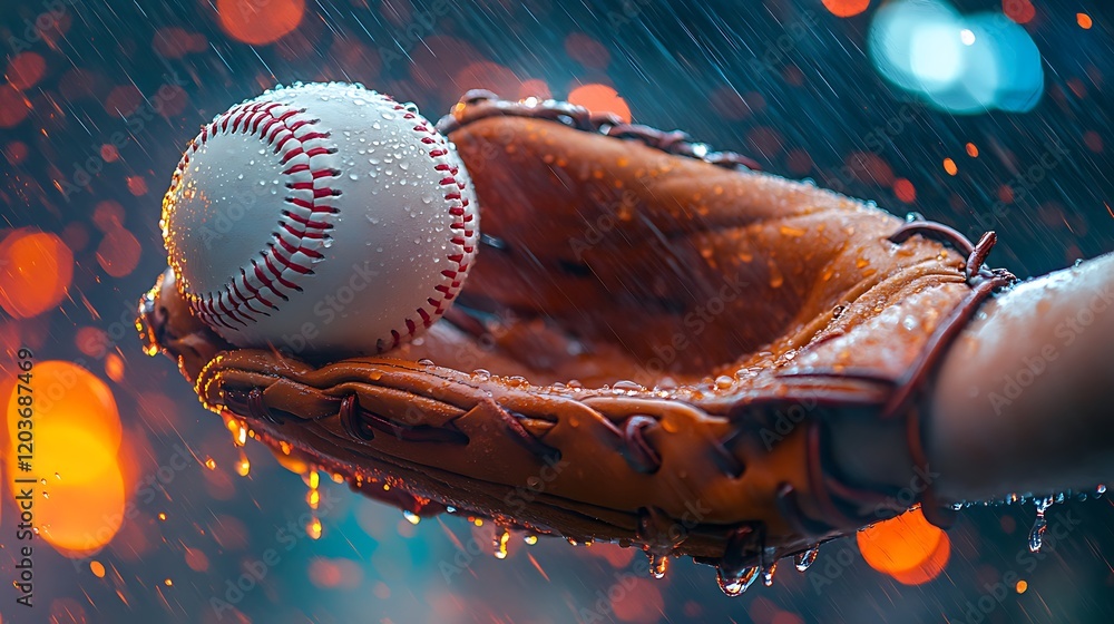 Rain-Soaked Baseball: A close-up shot of a rain-wet baseball resting in a leather glove, glistening with droplets under the dramatic light of a night game. The bokeh effect adds a touch of magic.