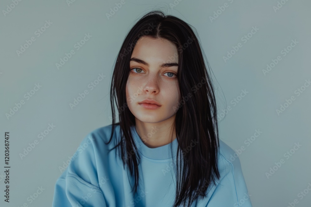 Pretty joyful female with fair hair, dressed casually in blue clothes matching with color of her eyes. Neural network ai generated art Pretty joyful female with fair hair, dressed casually in blue clothes matching with color of her eyes. Neural network ai generated art