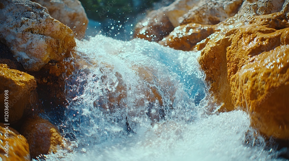 Mountain stream waterfall cascades over orange-brown rocks with crystal clear water, creating dynamic motion with white foam splashing, detailed water droplets, and smooth motion blur in sunlight. Mountain stream waterfall cascades over orange-brown rocks with crystal clear water, creating dynamic motion with white foam splashing, detailed water droplets, and smooth motion blur in sunlight.