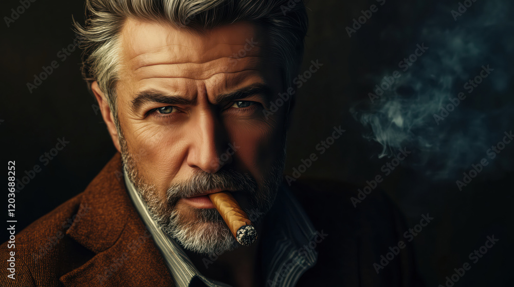 Fototapeta premium Handsome mature man smoking cigar. Portrait of elegant middle aged bearded man with cigar