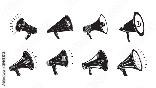 Speaker megaphone silhouette icon set 