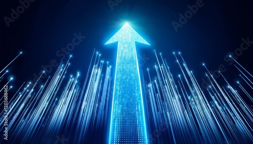 A glowing upward arrow made of light particles, surrounded by vertical lines with glowing tips