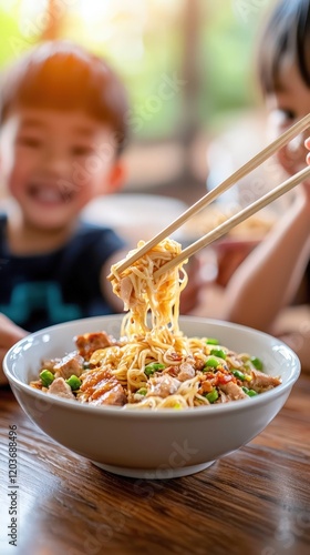 Child happily eating noodles with chopsticks at a dining table during lunchtime photo