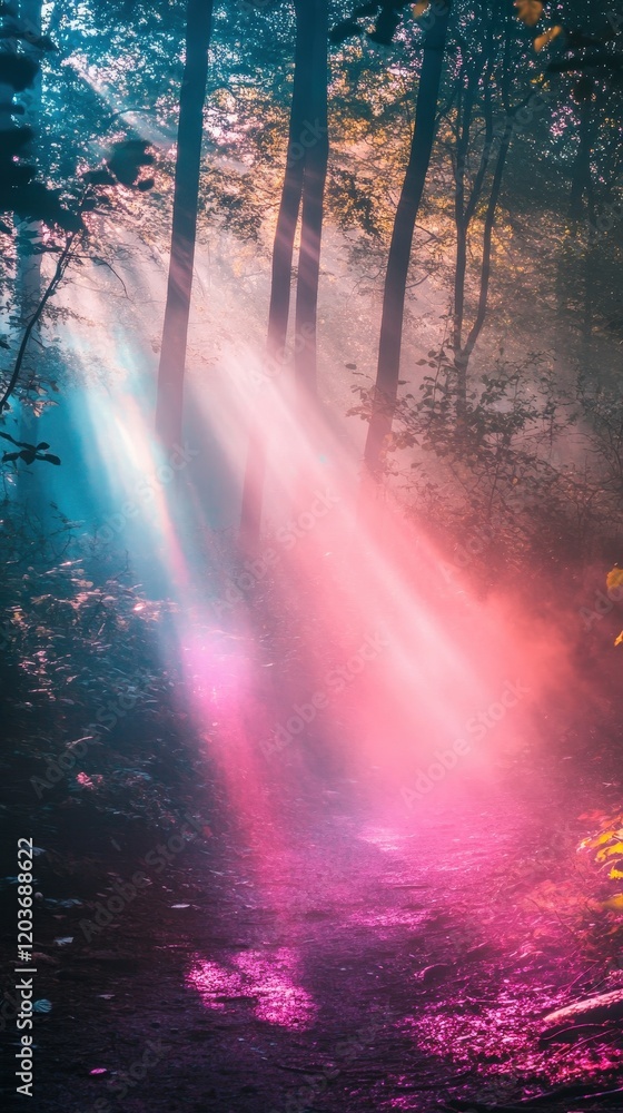 Ethereal Forest Path Dramatic Light Rays and Mystical Hues in a Tranquil Woodland Scene.