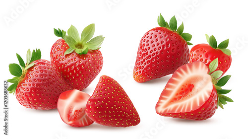 A realistic set of whole and cut-half strawberries isolated on a white background