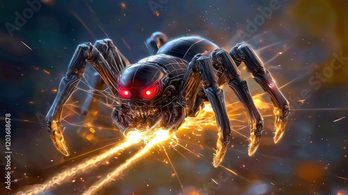 The towering mechanized arachnid looms ominously on the horizon, its glowing red eyes scanning the landscape as it unleashes devastating beams of light from its powerful lasers photo