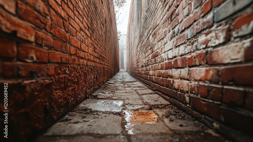 Narrow Brick Alleyway Surrounded by Tall Weathered Walls